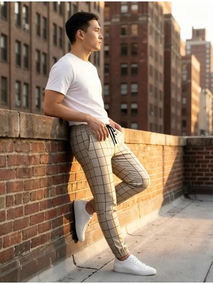 Madmext Ekoseli Krem Jogger Pantolon Erkek Dar Kesim Gabardin Kumaş Modeli MAD4081