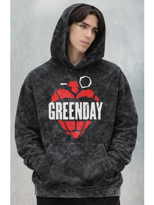 Fuddy Moda Unisex Green day Baskılı Kapüşonlu Yıkamalı Sweatshirt, Oversize Rock Band Baskılı Eskitme Hoodie