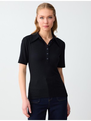 Jimmy Key Siyah Polo Yaka Truvakar Kol Örme Bluz