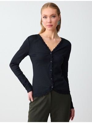 Jimmy Key Siyah Uzun Kollu V Yaka Dar Kesim Örme Hırka