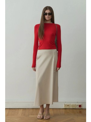 Suud Collection Bej Leda Beli Lastikli Midi Etek