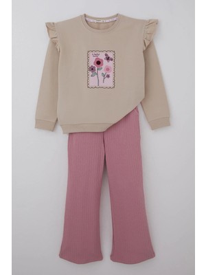 Breeze Kız Çocuk Eşofman Takımı Kelebek Dokunuşu Çiçek Bahçesi 4-8 Yaş, Bej