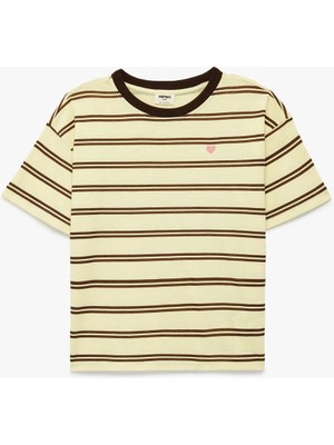 Koton  Kalp Detaylı Çizgili Sarı Kız Çocuk T-Shirt 6SKG10427AK