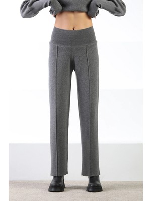 Ferraro Antrasit Bol Paça Kaşmirli Yüksek Bel Çizgi Detay Kadın Triko Pantolon