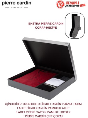 Pierre Cardin Premium Erkek Pamuklu Uzun Kollu Pijama Takım ve Atlet Boxer Çorap Damat Çeyiz Set Takım