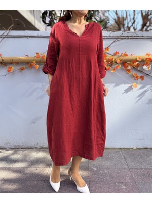 Deniz Ege Butik Italyan Sırt Lastik Keten Elbise Bordo