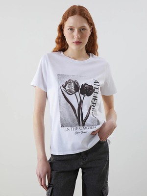 Lc Waikiki Yeni Sezon Bisiklet Yaka Baskılı Penye Kadın Tişört