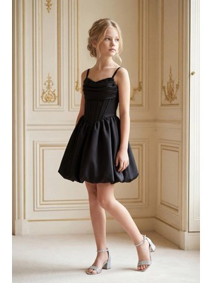 Kız Çocuk Abiye  Siyah  Drapeli Pul Payet  Krep Kumaş Genç Kız Balon Etekli  Abiye Elbise 10-15 Yaş