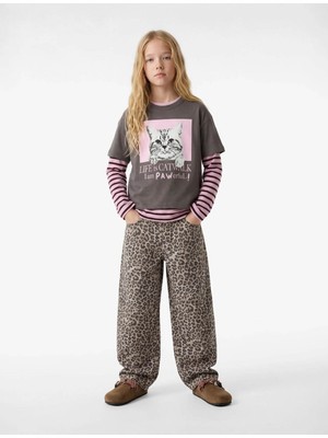 Koton Kedi Baskılı Antrasit Kız Çocuk T-Shirt 6SKG10105AK