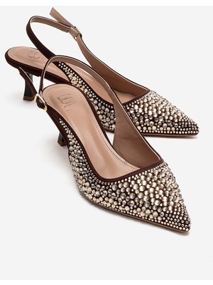 Luvi Thea Kahverengi Altın Taşlı Kadın Topuklu Ayakkabı