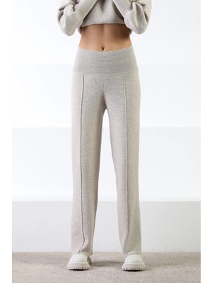 Ferraro A.bej Bol Paça Kaşmirli Yüksek Bel Çizgi Detay Kadın Triko Pantolon