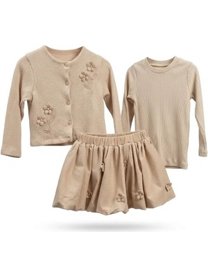 Babyrose Bayramlık Kız Çocuk  Balon Etekli Takım 3’lü Set – Bej Çiçek Nakışlı Hırka, Bluz ve Balon Etek