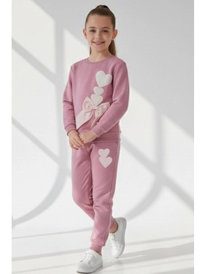 Breeze Kız Çocuk Eşofman Takımı Kalp Nakışlı Fiyonklu 4-9 Yaş, Gülkurusu