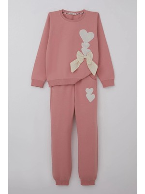 Breeze Kız Çocuk Eşofman Takımı Kalp Nakışlı Fiyonklu 4-9 Yaş, Gülkurusu