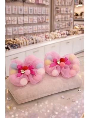 Nati Co Ponpon Detaylı Pembe Tül Fiyonk Kız Çocuk Toka (2'li) (7 Cm)