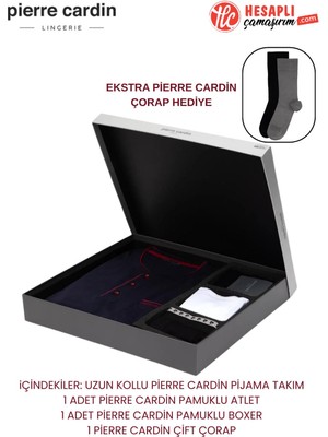 Pierre Cardin Premium Erkek Pamuklu Uzun Kollu Pijama Takım ve Atlet Boxer Çorap Damat Çeyiz Set Takım