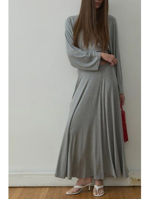 Suud Collection Gri Kate Dökümlü Uzun Etek