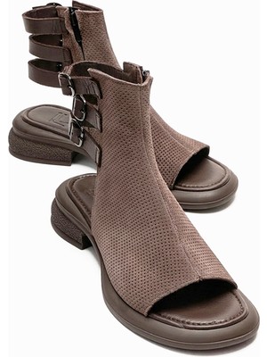 Luvi Carına Vizon Süet Hakiki Deri Yandan Fermuarlı Kadın Sandalet