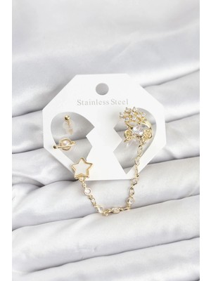 Pirinç Gold Renk Yıldız Model Zincir Bağlantılı Ear Cuff Küpe Seti