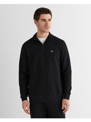 Gant Erkek Siyah Relaxed Fit Yarım Fermuarlı Logolu Sweatshirt 2526142T.5