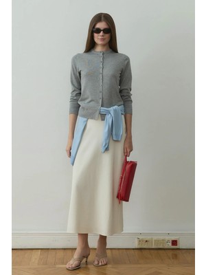 Suud Collection Ekru Leda Beli Lastikli Midi Etek