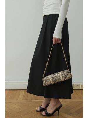 Suud Collection Siyah Leda Beli Lastikli Midi Etek