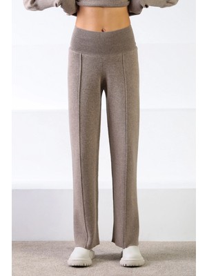 Ferraro Vizon Bol Paça Kaşmirli Yüksek Bel Çizgi Detay Kadın Triko Pantolon