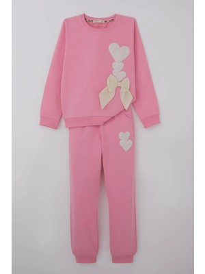 Breeze Kız Çocuk Eşofman Takımı Kalp Nakışlı Fiyonklu 4-9 Yaş, Pembe