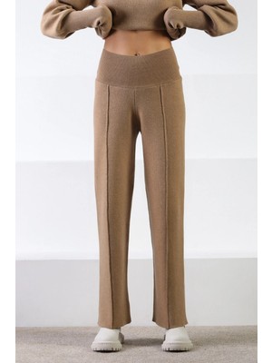 Ferraro Camel Bol Paça Kaşmirli Yüksek Bel Çizgi Detay Kadın Triko Pantolon