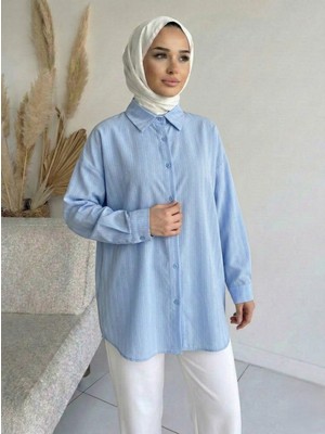 Miostil Kendinden Çizgili Tunik-Mavi