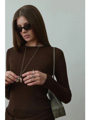 Suud Collection Acı Kahve Ray Fitilli Triko Bluz