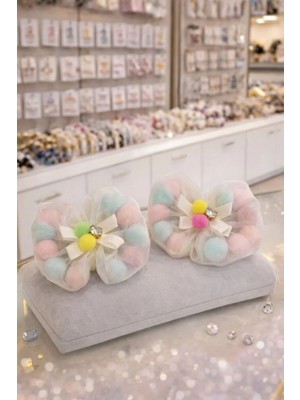 Nati Co Ponpon Detaylı Krem Tül Fiyonk Kız Çocuk Toka (2'li) (7 Cm)