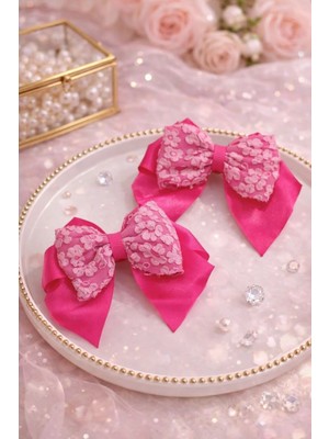 Nati Co Zarif Pembe Dantel Fiyonk Toka – Kız Çocuk Saç Aksesuarı (2'li) (7 Cm)