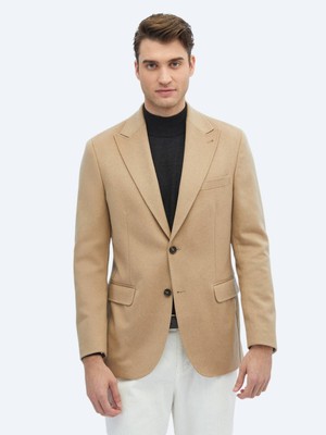 Kip Bej Düz Modern Fit Yün Karışımlı Ceket