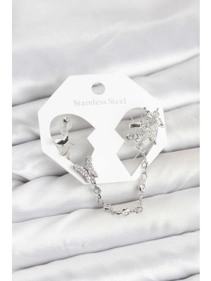 Pirinç Gümüş Renk Kelebek Model Zincir Bağlantılı Ear Cuff Küpe Seti