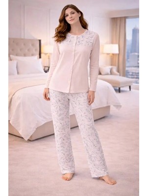 Nena Önden Düğmeli Uzun Kol Kadın Pijama Takım 14949