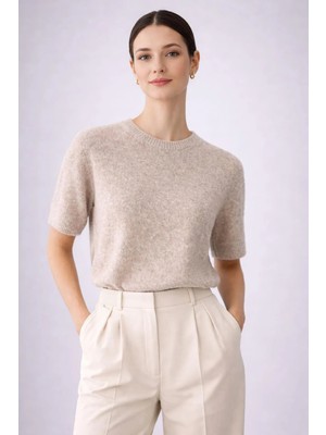 Ferraro Bej Kadın Mevsimlik Yün Karışımlı Kısa Kollu Triko Bluz