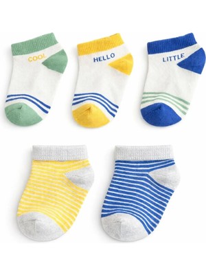 Solde 5’li Çocuk/bebek Pamuklu Günlük Çorap Seti – Renkli Çizgili & Yazılı Desen, Kaliteli