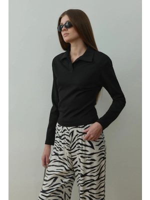 Suud Collection Siyah Nog Polo Yaka Uzun Kollu Tişört