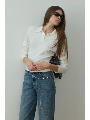 Suud Collection Ekru Nog Polo Yaka Uzun Kollu Tişört