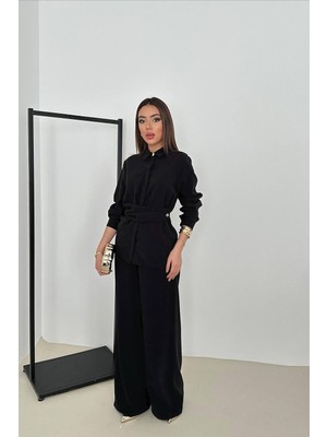 Cemo Kadın Klasik Yaka Kemer Detaylı Gömlek Pantolon Takım