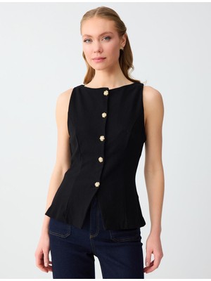 Jimmy Key Siyah Dar Kesim Parlak Düğmeli Örme Yelek