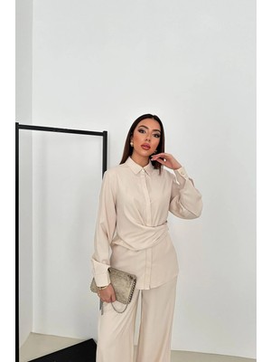 Cemo Kadın Klasik Yaka Kemer Detaylı Gömlek Pantolon Takım