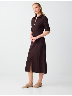 Jimmy Key Acı Kahve Polo Yaka Dirsek Kol Örme Midi Elbise