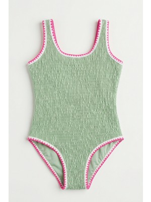 Katia & Bony Kız Çocuk Sea La Vie Yeşil Büzgü Dokulu Pembe Biyeli Mayo