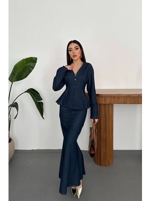 Cemo Kadın V Yaka Düğme Detaylı Denim Takım Uzun Etekli