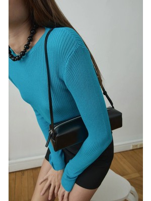 Suud Collection Turkuaz Ray Fitilli Triko Bluz