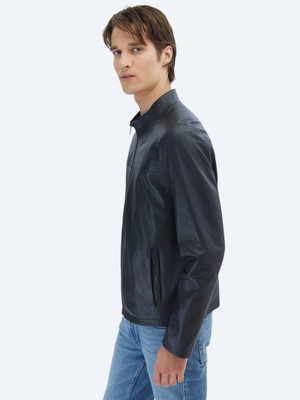 Kip Siyah Regular Fit Dik Yaka Smart Casual Koyun Derisi Deri Mont