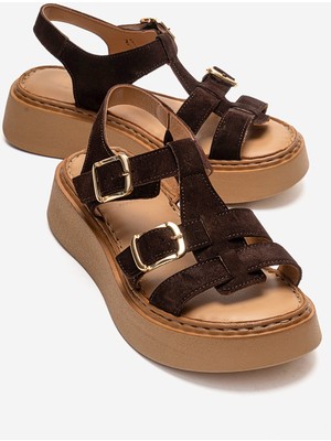 Luvi Loın Kahverengi Süet Hakiki Deri Tokalı Kadın Sandalet