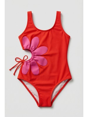 Kız Çocuk Floral Outburst Papatya Baskılı Yan Pencereli Bağlamalı Mayo